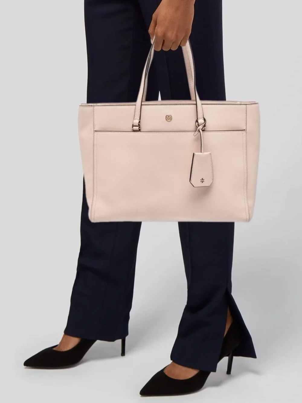 TORY BURCH 🤍 Pale Blush Pink Leather Large Shoulder Tote, Navy, Gold - 10x15”
